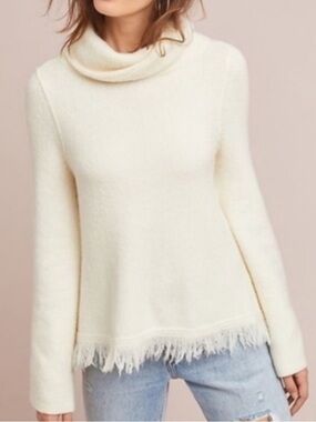 Anthropologie Cream Wool Blend Fringe-HemCowl Turtleneck Sweater